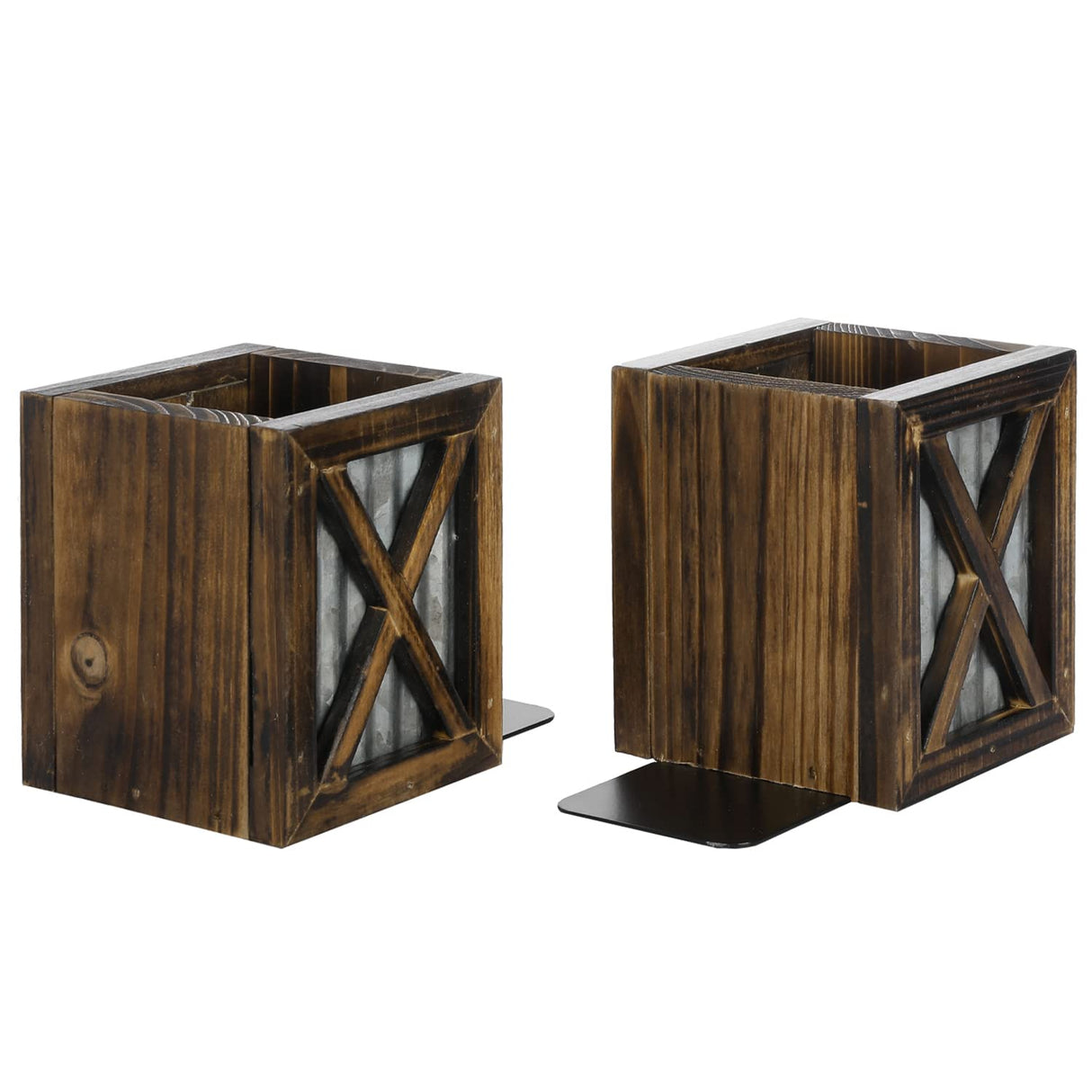 MyGift Rustic Burnt Wood Decorative Bookends with Corrugated Galvanized Metal Accent, Desktop Book Ends with Pen Holder Pencil Cup Stationery Storage Bins for Home Office, Classroom, Dorm Room, 1 Pair MyGift