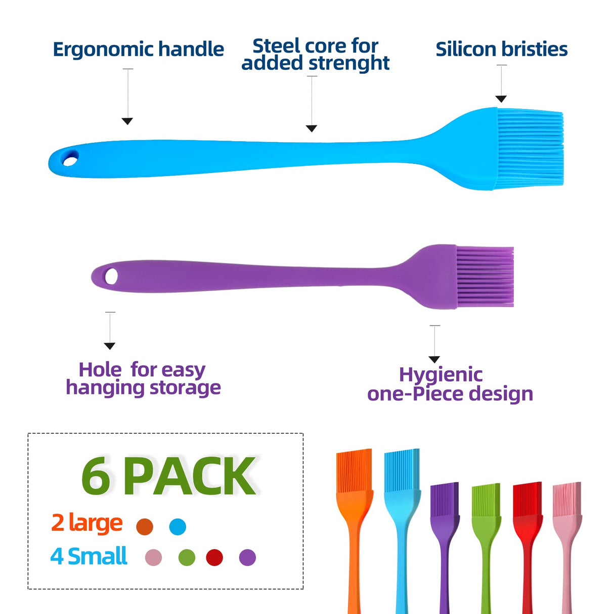 6 PCS CUALORK Silicone Basting Brush, Upgrade Pastry Brush,Heat Resistant Silicone Brushes, Premium Cooking Brush for Sauce Marinade Meat Glazing, Oil Brush for BBQ Kitchen Cooking Baking and Grilling Cualork