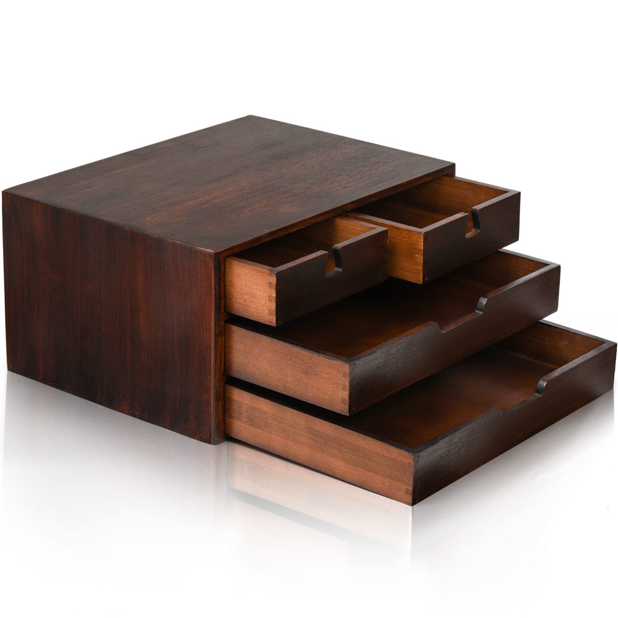 DEAYOU Bamboo Desk Organizer, Bamboo Storage Cabinet Box with 4 Drawer for Letter, Home, 3 Layer, Walnut Color DEAYOU