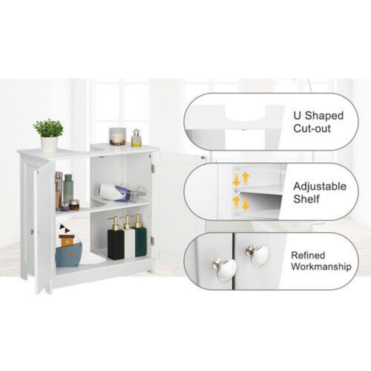 MEZHI Under Sink Vanity Cabinet Bathroom Double Door Shelf Cupboard Basin Organizer MEZHI