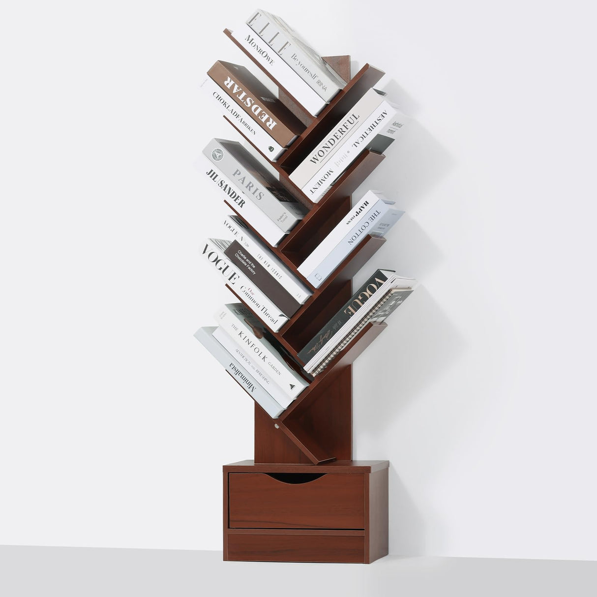 8-Tier Tree Bookshelf with Drawer, Tall Wood Bookcase for Small Spaces, Compact Floor Standing Shelf for Books, CDs & Decor, Tip-Resistant Design, Space-Saving Shelf for Living Room, Bedroom, Office LOVEWE