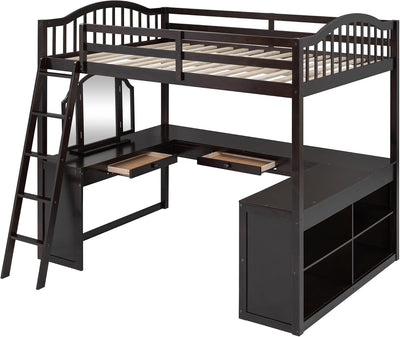 Virubi Full Loft Bed with Dresser and Mirror,Solid Wood High Loft Bed with U-Shaped Desk and Storage Drawers,Shelves,for Adults (Espresso,Full)