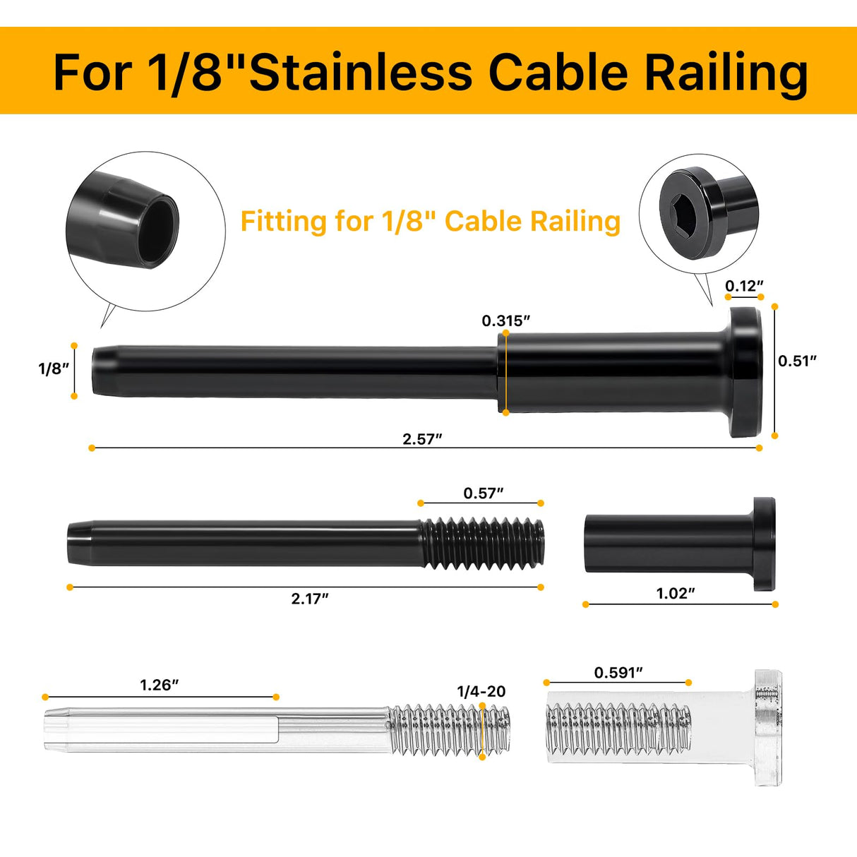 50 Pack 1/8" Black T316 Stainless Steel Invisible Cable Railing Kit,Swage Stud End for Deck, Stair, Wood & Metal Posts ,Black Cable Railing Hardware UZE