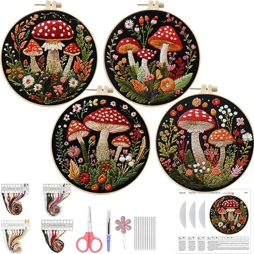 SCECALA 4 Pack Mushroom Embroidery Kit - Botanical Flower Floral Hand Embroidery Kit for Beginners with Pattern, Complete Cross Stitch Supplies DIY Craft for Adults Sewing Hobby, 1pc Hoops