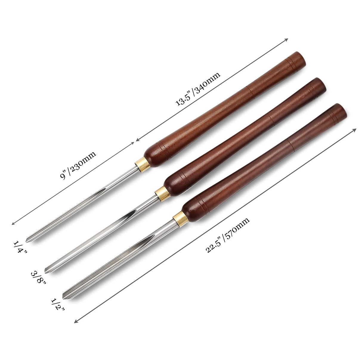 Woodturning Bowl Gouge Set, 3 Pieces 22.5” Wood Lathe Bowl Turning Tools, 1/4 Flute, 3/8 Flute, and 1/2 Flute, with High Speed Steel Blades, Beech Handles and Brass Ferrules, in Wooden Storage Case Urbansential