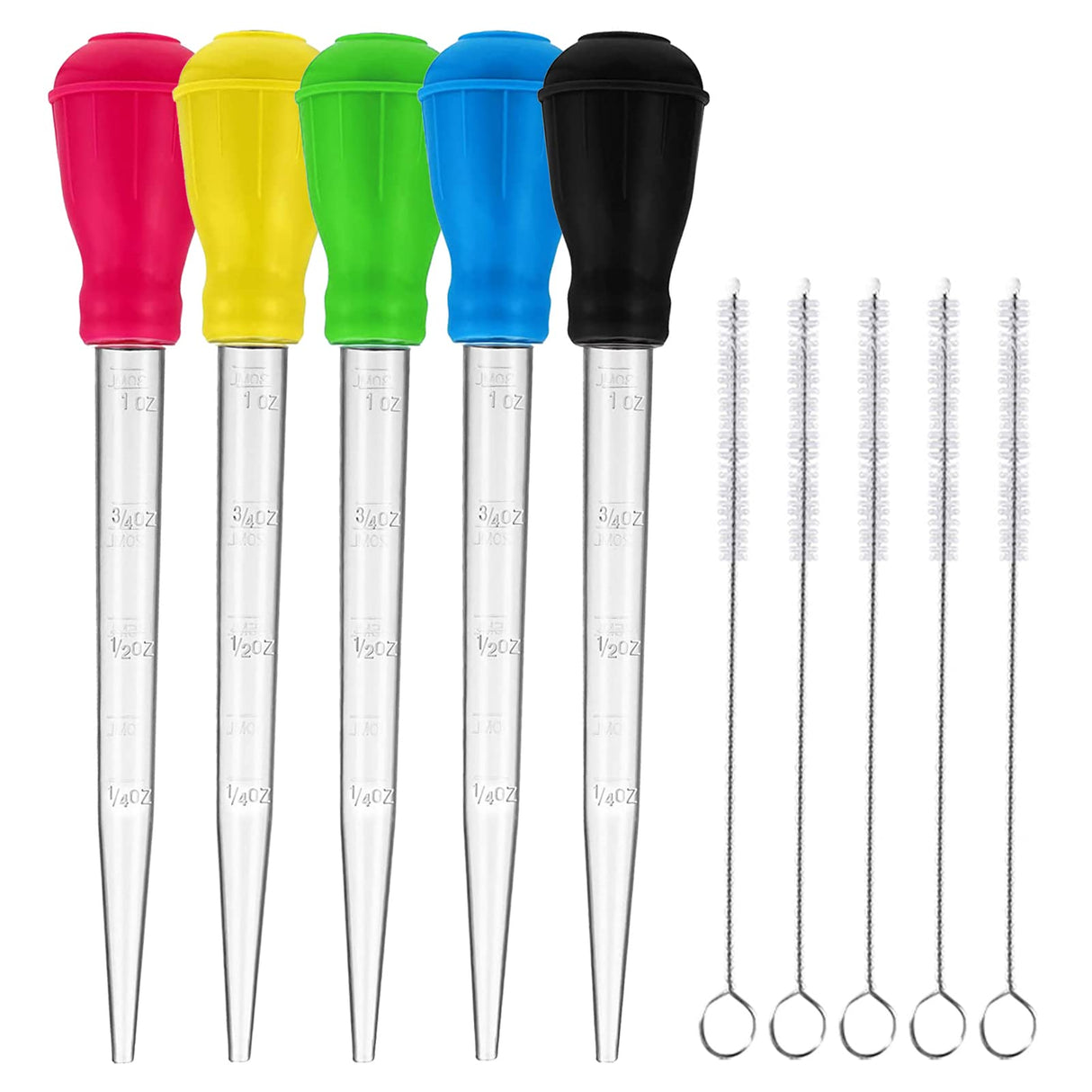 TXIN 5 Pieces 30ml/1oz Turkey Baster with 5 Cleaning Brush, Plastic Syringe Baster with Silicone Pump Head, Heat-resistant Meat Marinade Injector with Measurments for BBQ Grill Baking Kitchen Cooking TXIN