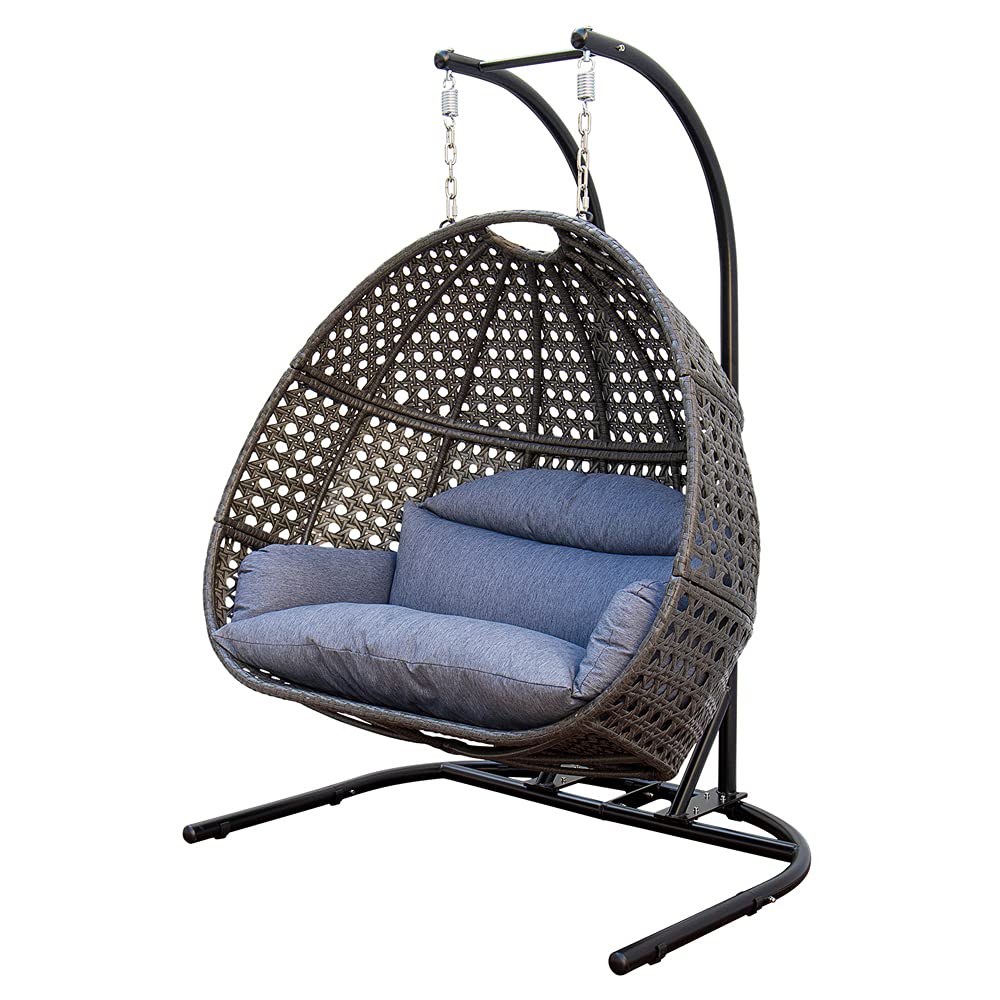 Double Egg Chair with Stand, 2 Person Heavy Duty Hanging Wicker Rattan Swinging Chair Hammock Nest Chair for Indoor Outdoor Patio Lounger Swinging Loveseat Perfect for Balcony Garden - Dust Blue Lambgier