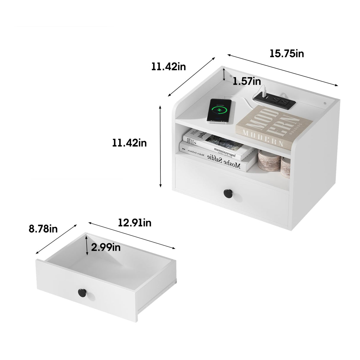 Floating Nightstand Set of 2 with Charging Station Modern Night Stand for Bedroom with Drawer Small Bedside End Table with Outlet Wood Wall Mounted Nightstands Set 2White HOSEOKA