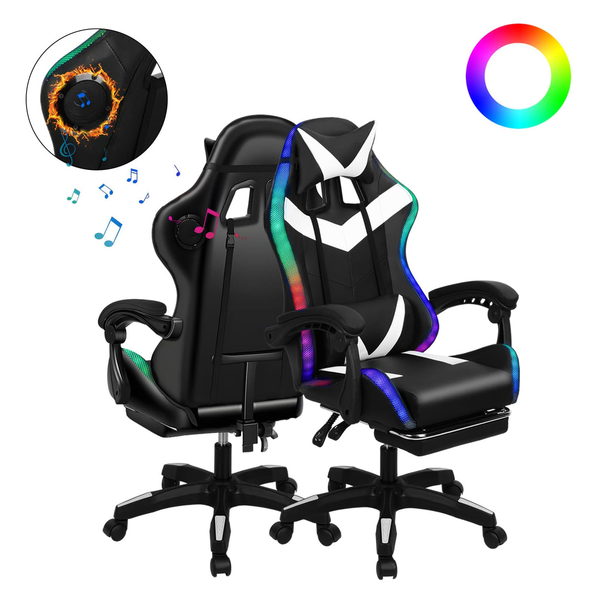 curfair Gaming Chair with Bluetooth Speakers and RGB LED Lights, High Back Video Game Massage Chair 360° Swivel Height Adjustable Recliner with Footrest & Headrest Lumbar Support Pillows (White) curfair