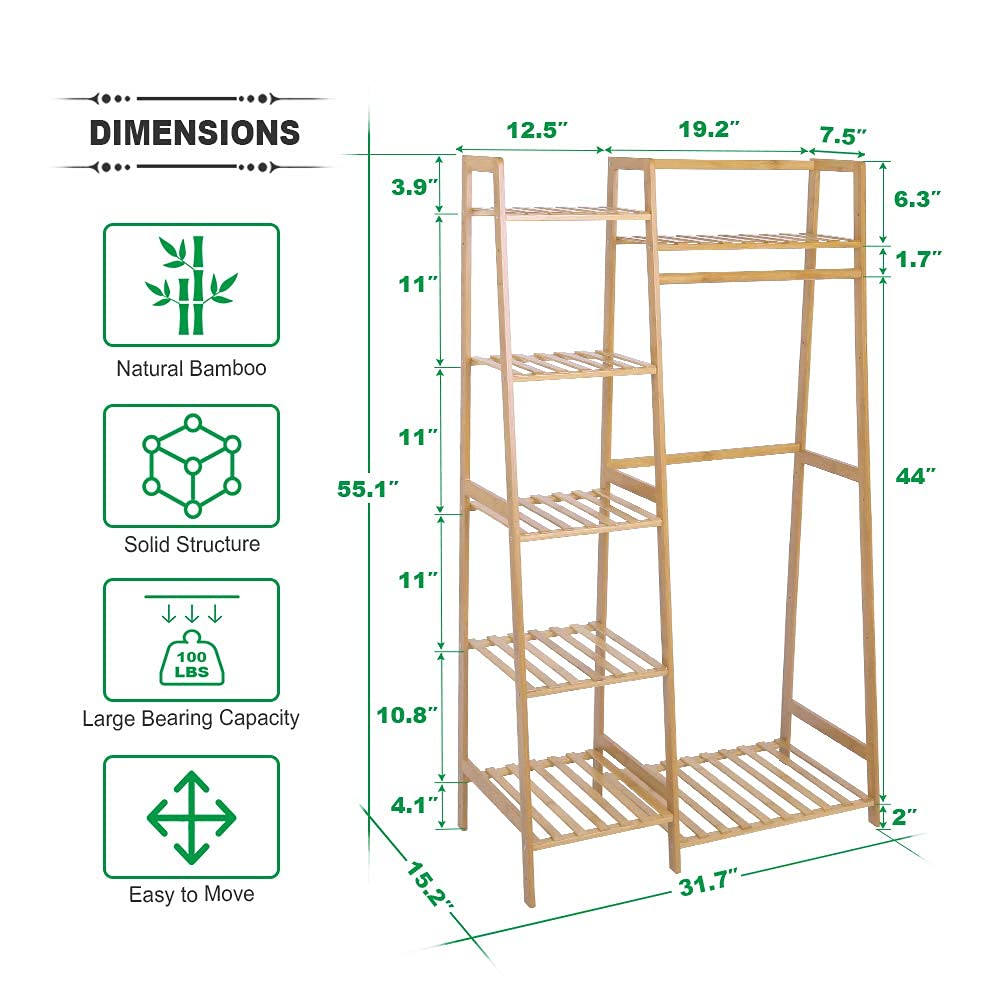 Ufine Bamboo Garment Rack 7-Tier Storage Shelves Clothes Hanging Rack, Heavy Duty Clothing Rack Minimalism Wardrobe Closet Organizer for Indoor Ufine