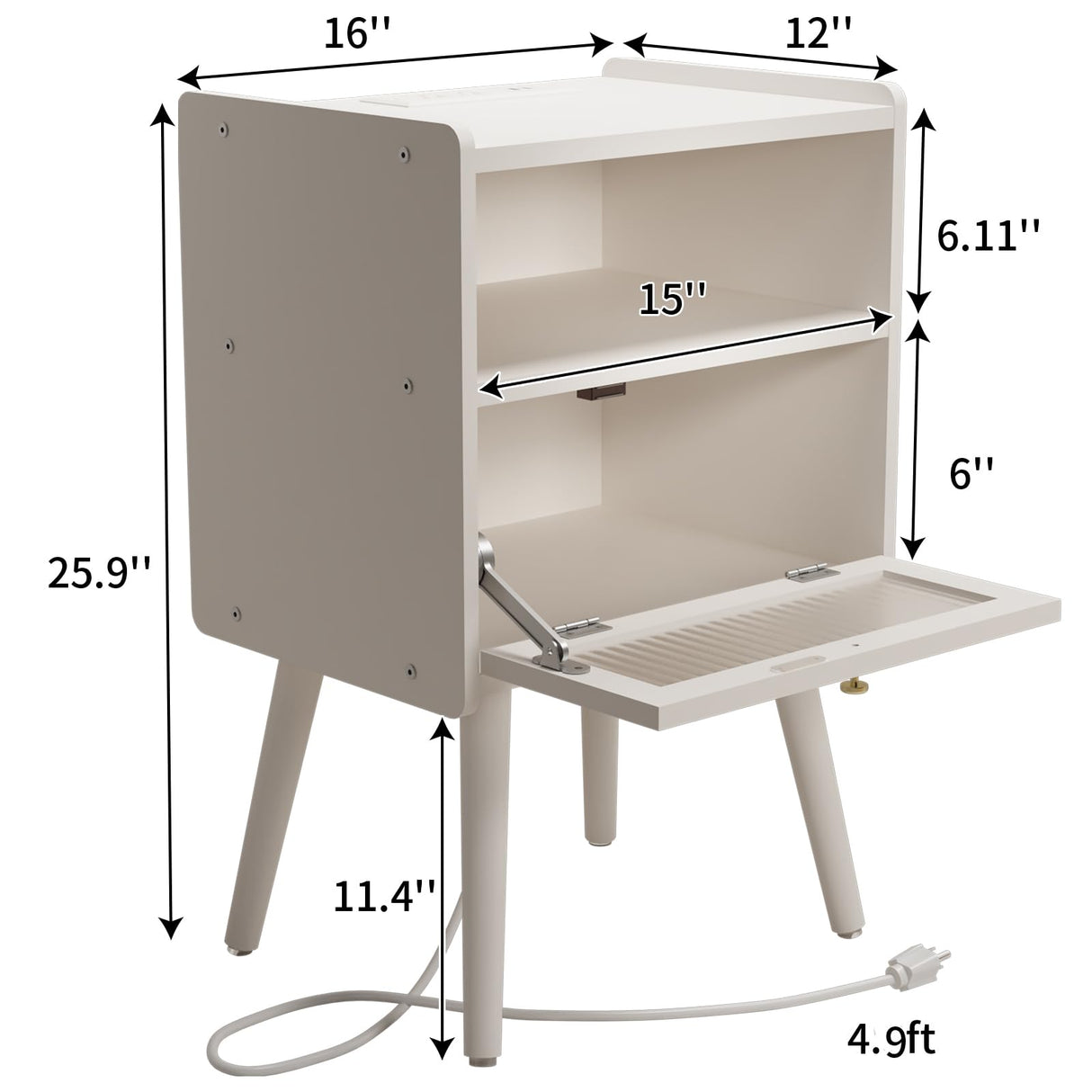 Mid Century Modern Nightstand with Charging Station, Bedside Tables with Glass Decorative Door, End Table Side Table with 2 Tiers Storage Space, for Bedroom, Living Room, White SOOWERY