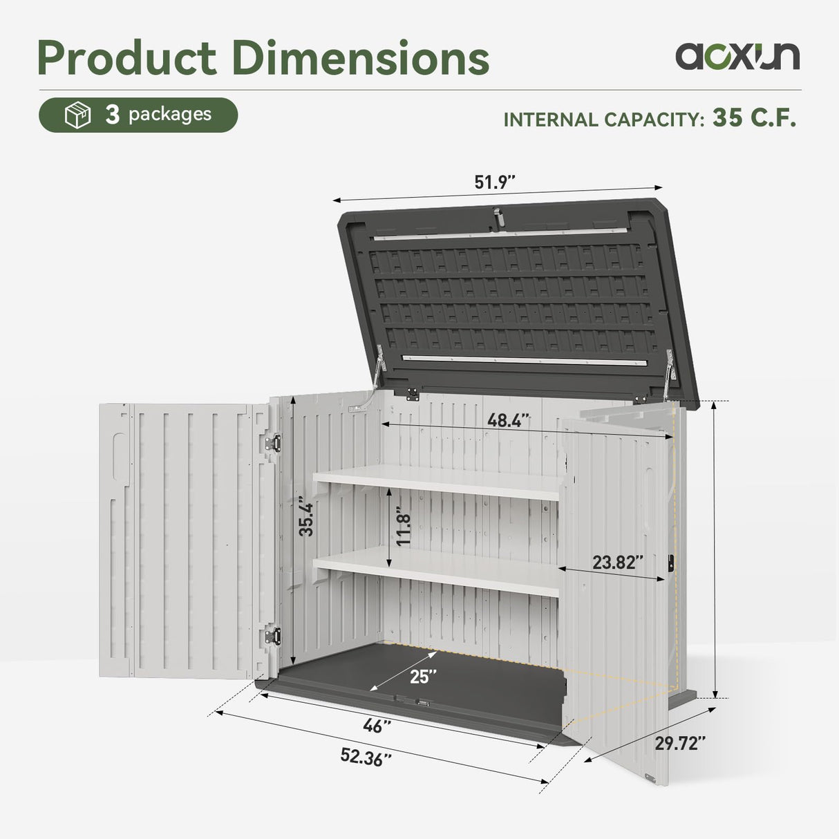 Aoxun 35 Cu.Ft Outdoor Storage Shed with 2 Shelves and Floor, Waterproof Horizontal Resin Cabinet for Trash Cans, Lawn Mowers, Generators, and Garden Tools, White Aoxun