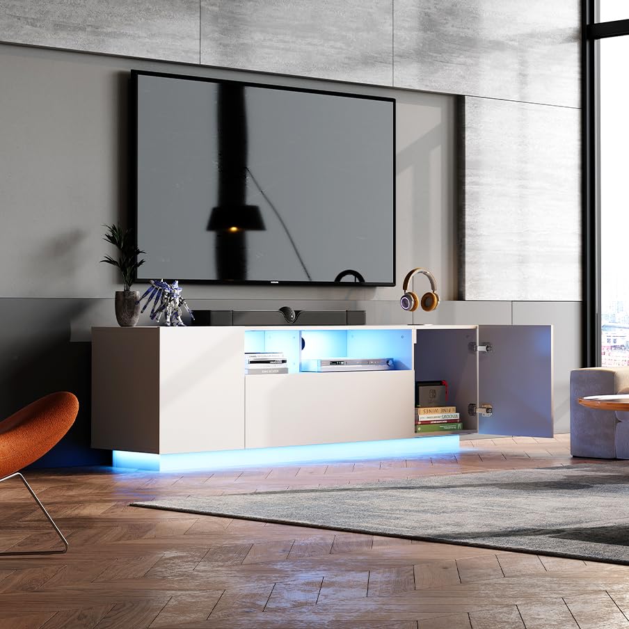 WLIVE TV Stand for 65 Inch TV, Modern Entertainment Center with LED, 58" TV Console with Storage Cabinet, TV Stands for Living Room, White WLIVE