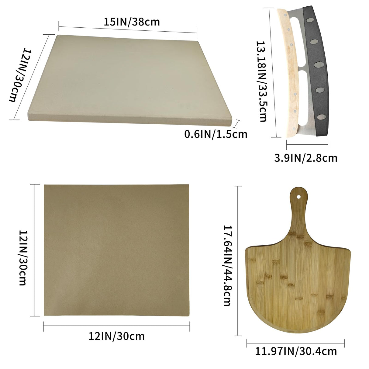 Rectangular Pizza Stone 4 Sets,12"x15"x0.59"(OAK) Pizza Stone for Oven and Grill with Bamboo Pizza Peel, Pizza Cutter and 10pcs Cooking Paper,Grill Stone Baking Stone for Bread,BBQ,Grill DAILJMON