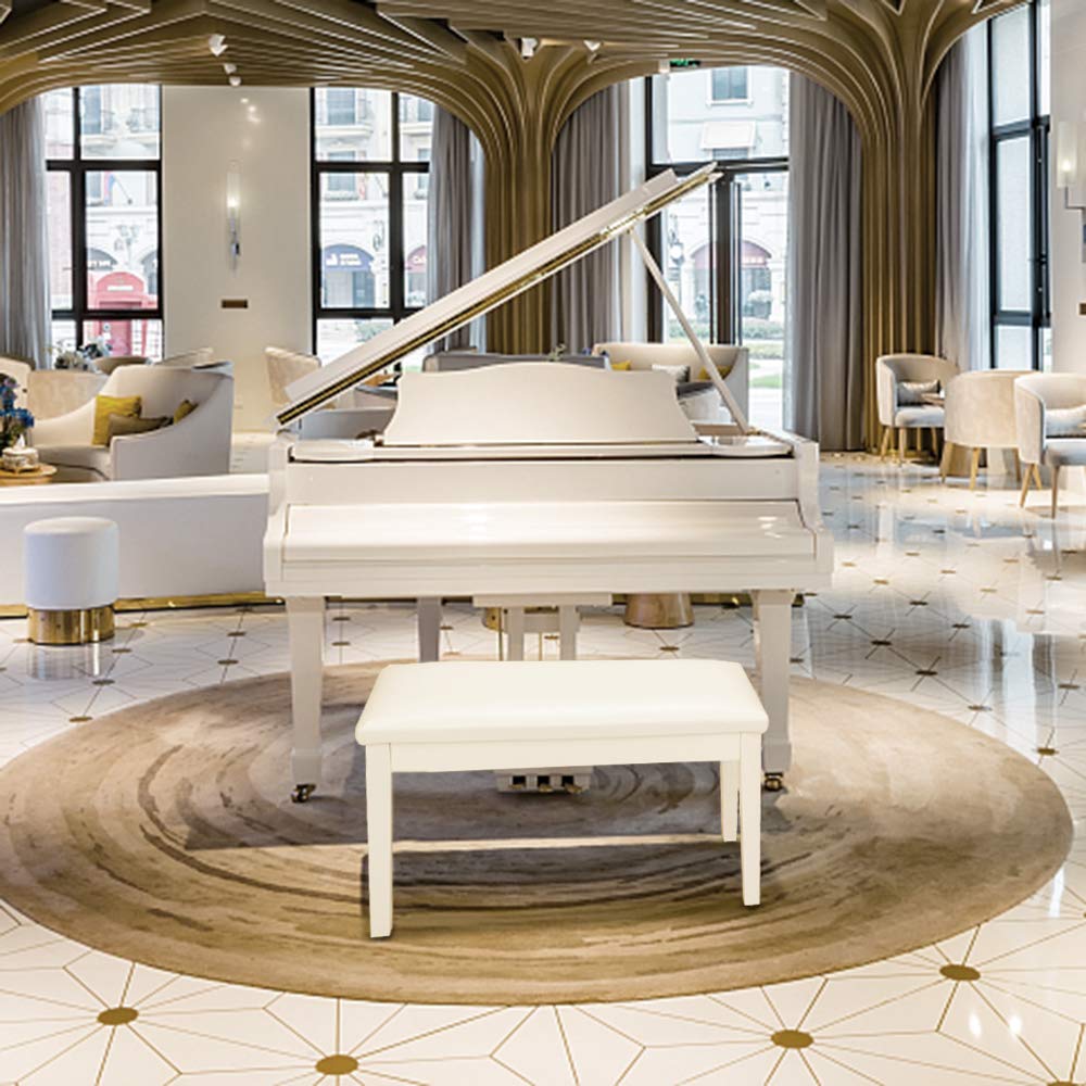 Bonnlo White Duet Piano Bench Wooden Keyboard Bench with Storage and Padded Cushion Bonnlo