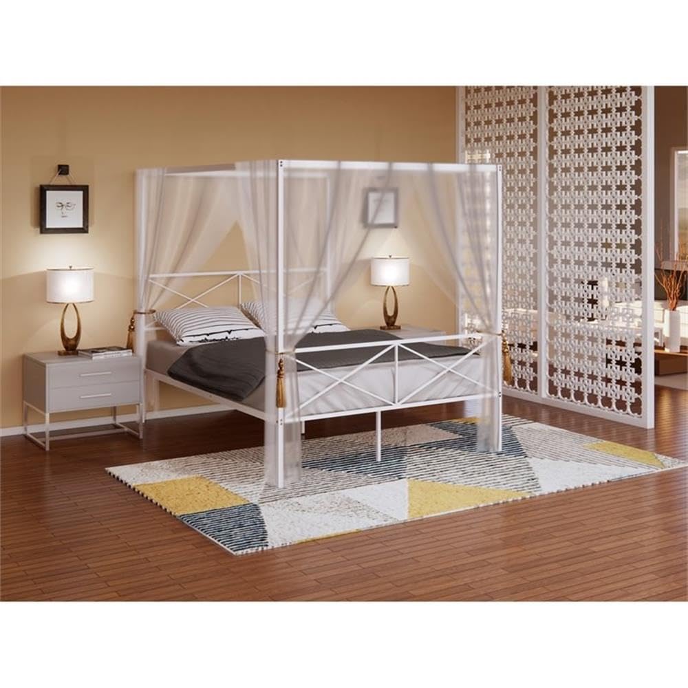 East West Furniture - GEQCWHI - Glendale Queen Size Bed Frame with Modern Designed Headboard and Footboard - Canopy Metal Frame in Powder Coating Linen White East West Furniture
