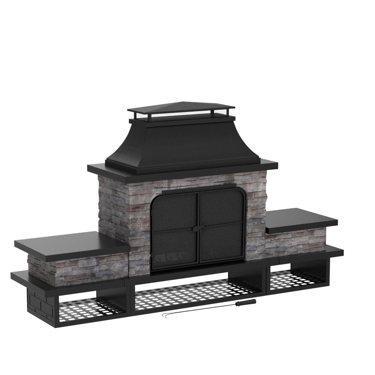 Sunjoy Outdoor Fireplace, Patio Wood Burning Fireplace with Steel Chimney, Mesh Spark Screen Doors, Fire Poker, and Removable Grate, Black Sunjoy