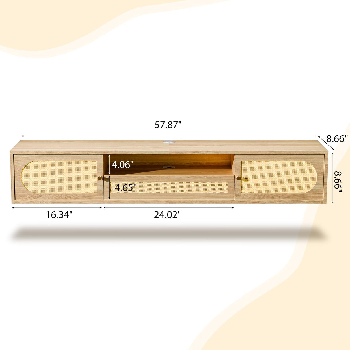 VINGLI 58" Rattan Floating TV Stand, Wall Mounted Entertainment Center with Storage and Drawer, Media Console with Storage Cabinet Shelf Under TV for Living Room, Natural Oak VINGLI