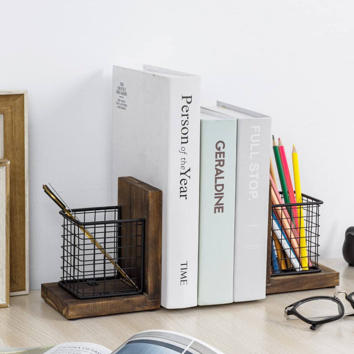 MyGift Rustic Burnt Wood Decorative Bookends for Heavy Books with Matte Black Metal Wire Basket Pencil Cup and Office Supplies Storage Baskets, 1-Pair MyGift