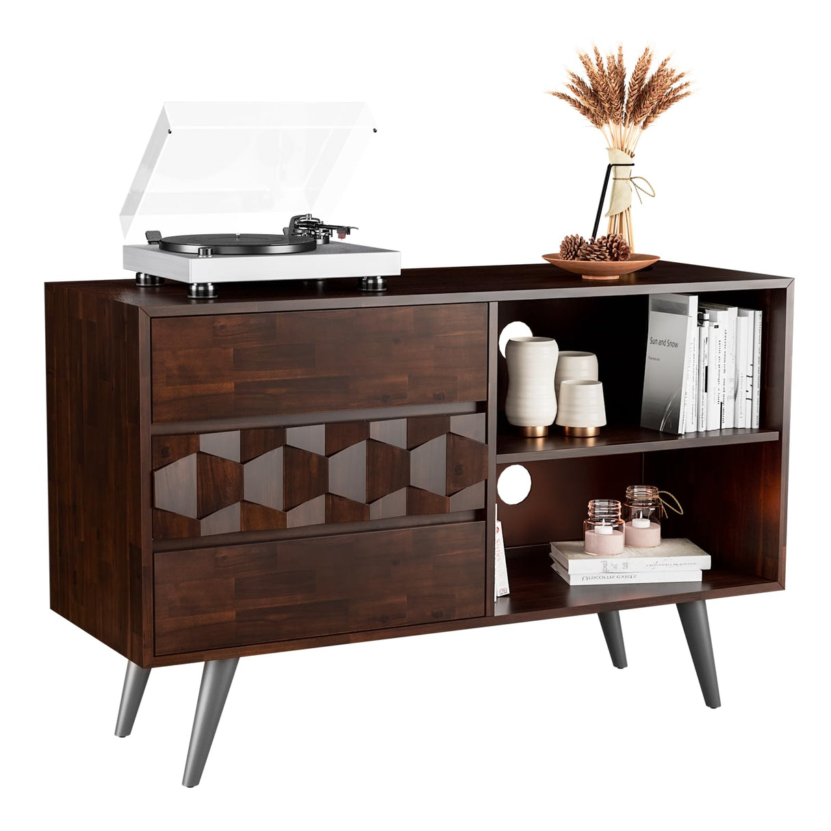 Bme Georgina 45 Inch Solid Wood TV Stand, Under 10 Minutes Assembly Entertainment Center with Storage, Geometric Pattern TV Console for Living Room, Bedroom, Dinning Room - Walnut Bme