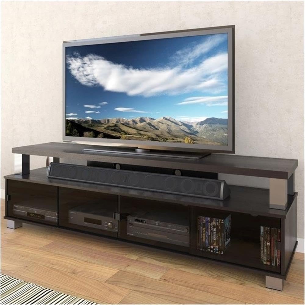 BOWERY HILL 75" W Transitional Wood TV Stand with Glass Doors, Ample Storage, Open Shelf, Cable Management System, Accommodates Most TVs 48"- 95", for Living Room, in Ravenwood Black Finish BOWERY HILL