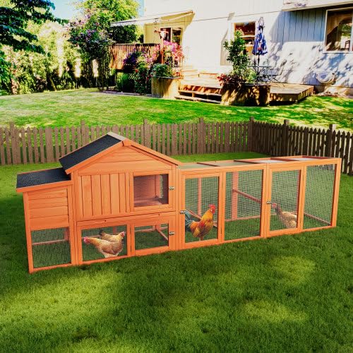 113.5" Large Wooden Chicken Coop Outdoor Big Hen House Poultry Pet Duck Hutch with Run Cage Nesting Box Waterproof Asphalt Roof Ramp Removable Tray Wire Fence for Backyard Small Animals - Natural HAUSPROFI