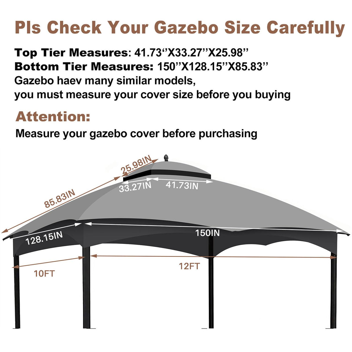 SRECELL Replacement Canopy Top for Lowe's Allen Roth High Performance Ripstop Heavy Duty Gazebo Roof Gazebo Top with Air Vent 10X12 Gazebo Cover,Gray SRECELL