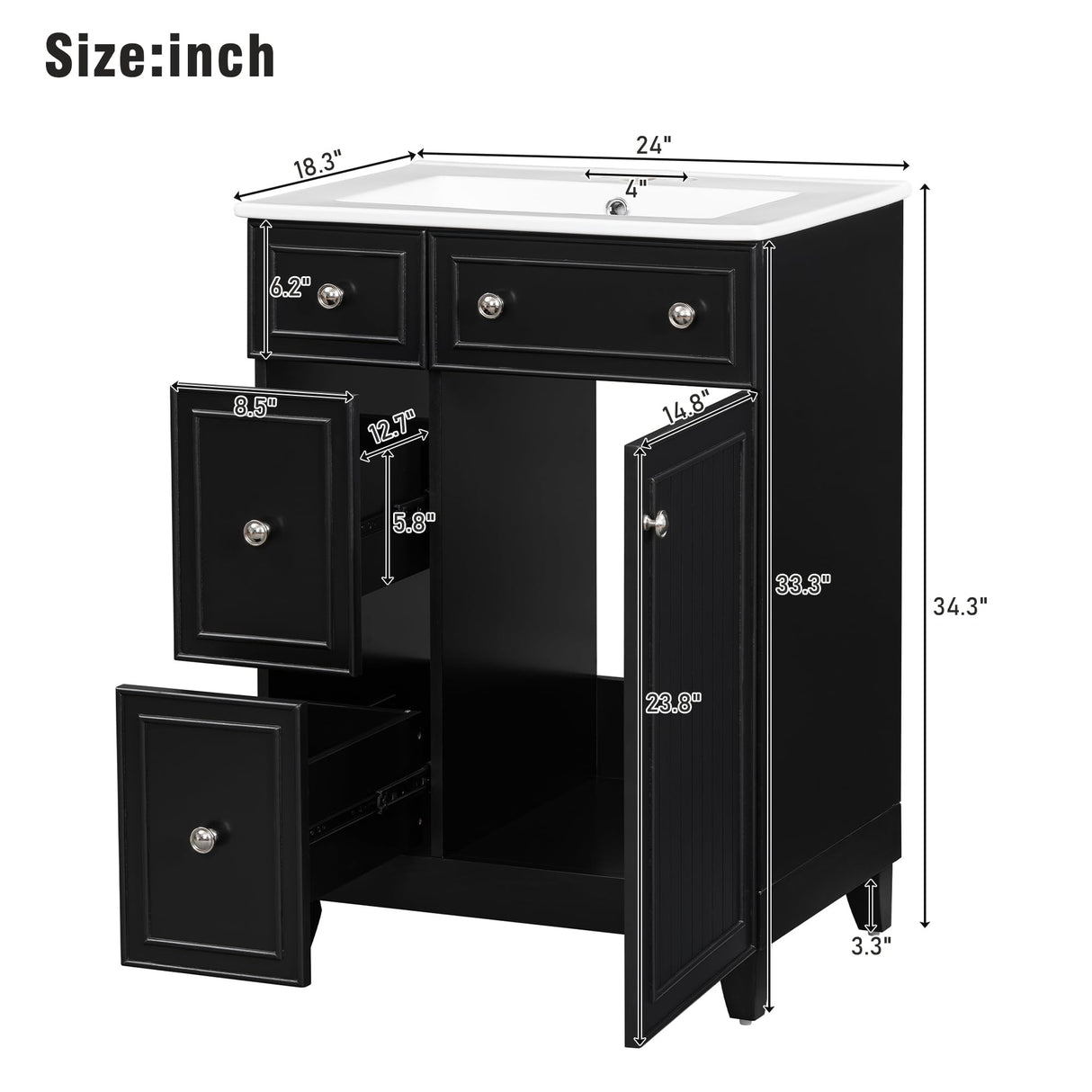 Harper & Bright Designs 24" Bathroom Vanity with Sink, Free Standing Single Basin Vanity Set with Two Drawers and One Door, Modern Solid Wood Bathroom Cabinet with Ceramic Basin for Bathroom, Black Harper & Bright Designs