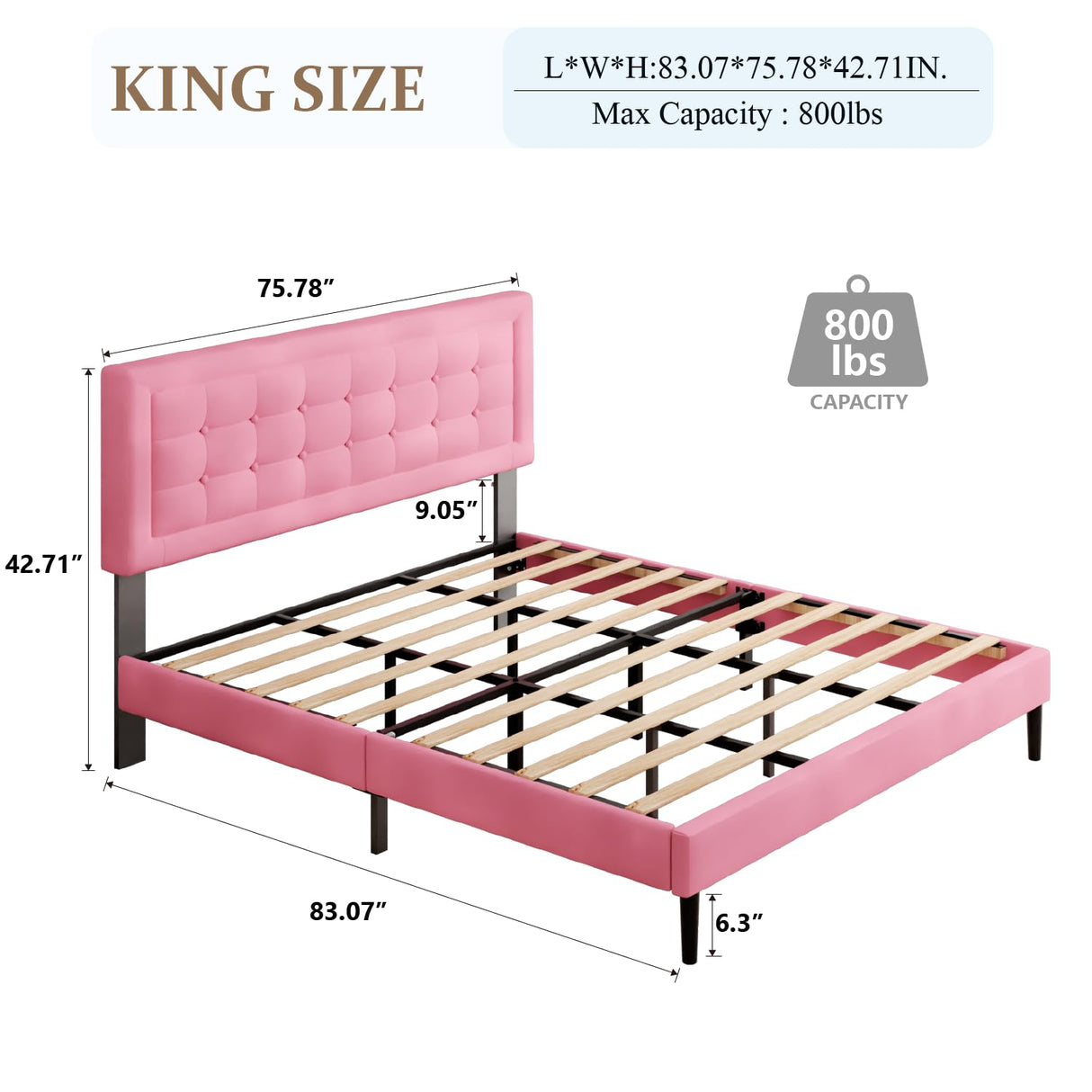 CXVX King Size Bed Frame with Headboard, Platform Bed Frame with Velvet Upholstered Button Tufted Headboard, Wood Slats Support, No Box Spring Needed, Mattress Foundation, Easy Assembly, Pink CXVX