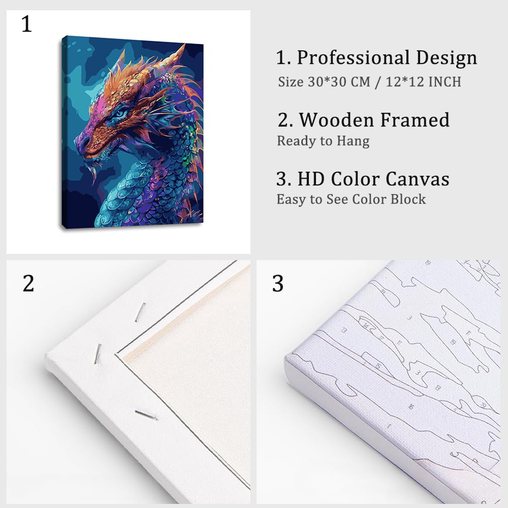 Natuyalo Framed Paint by Numbers for Adults Beginner, Dragon Acrylic Easy Paint by Numbers Kits with Frame Animals Art Craft Kits for Adults Suitable for Wall Decoration 12x16 Inch Natuyalo