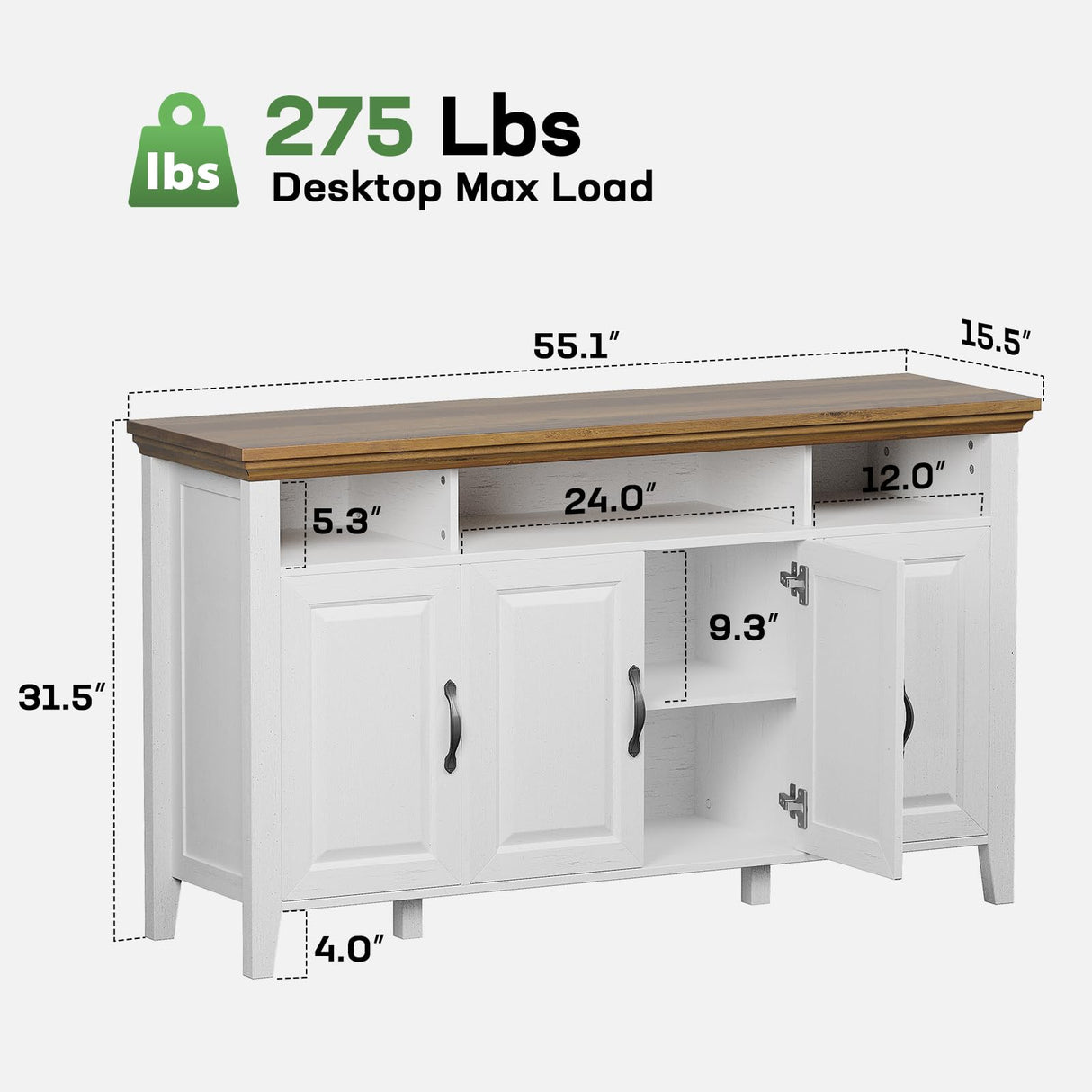 Marsail 55" Buffet Cabinet with Storage, Farmhouse Kitchen Sideboard Cabinet w/4 Doors & Shelves, Coffee Bar Buffet Table for Dining Room, Brown White Marsail