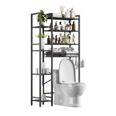 Kalrin Over The Toilet Storage Rack with Extra Side Shelves, 4-Tier Bathroom Over Toilet Storage with Adjustable Shelf & Drain Basket, Freestanding Bathroom Organizer for Balcony, Laundry(Pure Black)