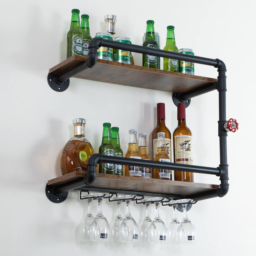 BOTAOYIYI Wine Rack Wall Mounted 2 Tier, Hanging Floating Small Mini Bar Liquor Shelves with Glass Holder Storage Under, Industrial Rustic Pipe Farmhouse Kitchen Decor Black(23.6x10.6x19.7) BOTAOYIYI
