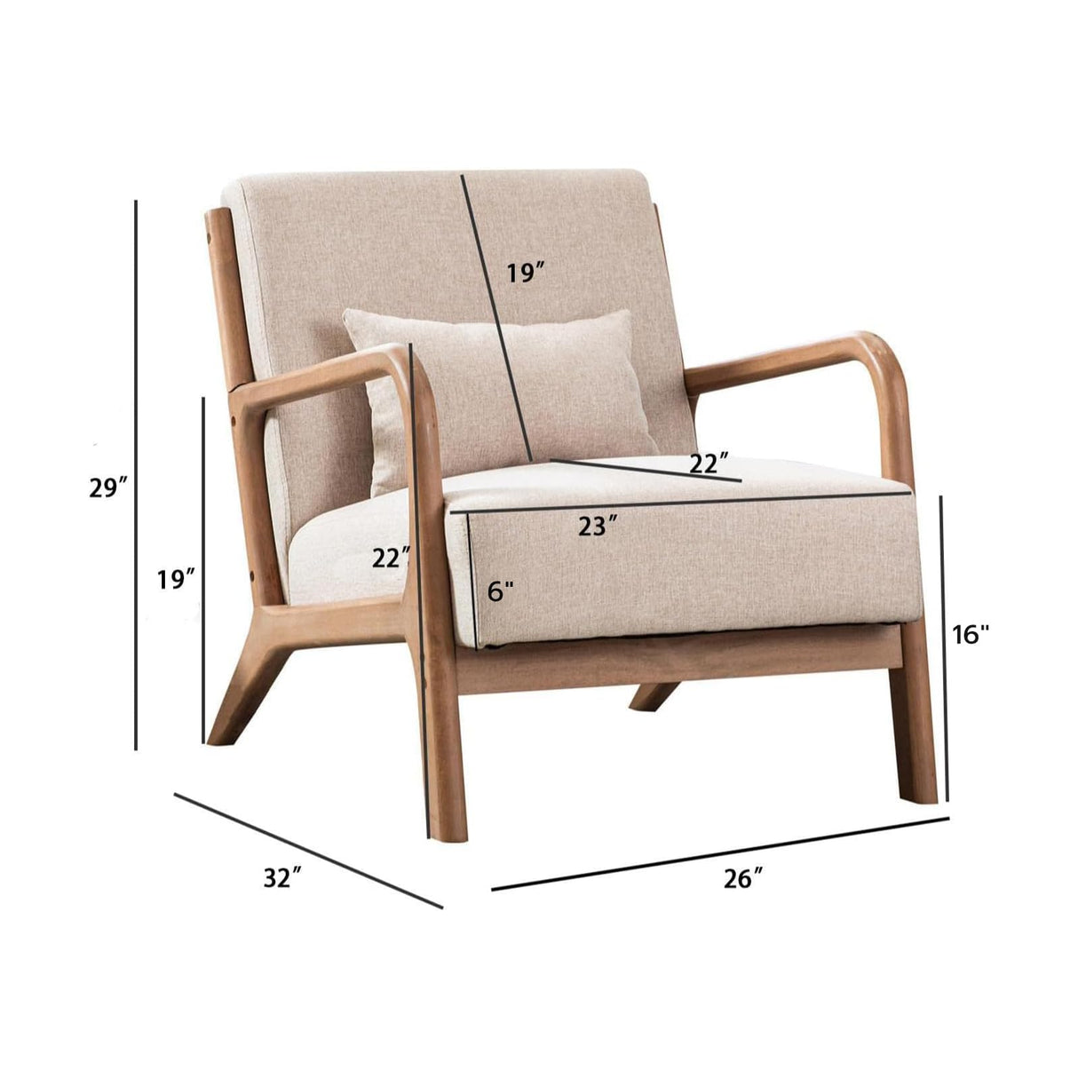 ANJHOME Mid Century Modern Accent Chair, Comfy Fabric Living Room Chairs with Solid Wood Frame, Lounge Reading Armchair, Easy Assembly, Beige ANJ