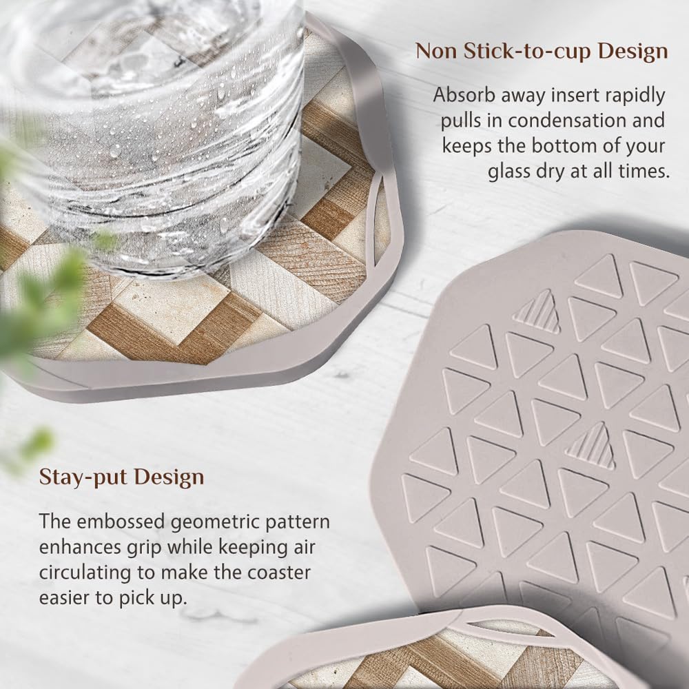 UMIRRO Absorbent Felt Coasters for Drinks with Silicone Case, Rustic Country Farmhouse Cup Coaster Set for Wooden Coffee Table Decor, Boho Tile Design, Brown, 4", 4 Pack Umirro