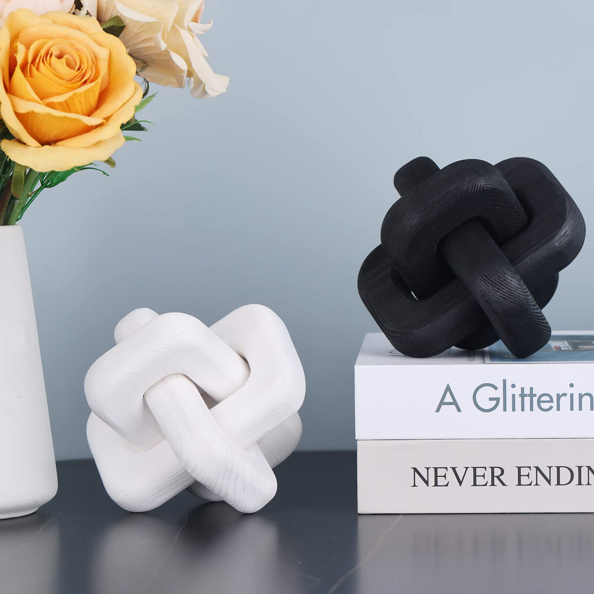 oliruim Wood Knot Decor Boho Hand-Carved White Wood Chain Knot Decor for Bookshelf, Shelf, Entryway Table, Coffee Table, Living Room TV Stand, Farmhouse Rustic Decor Aesthetics (White) oliruim