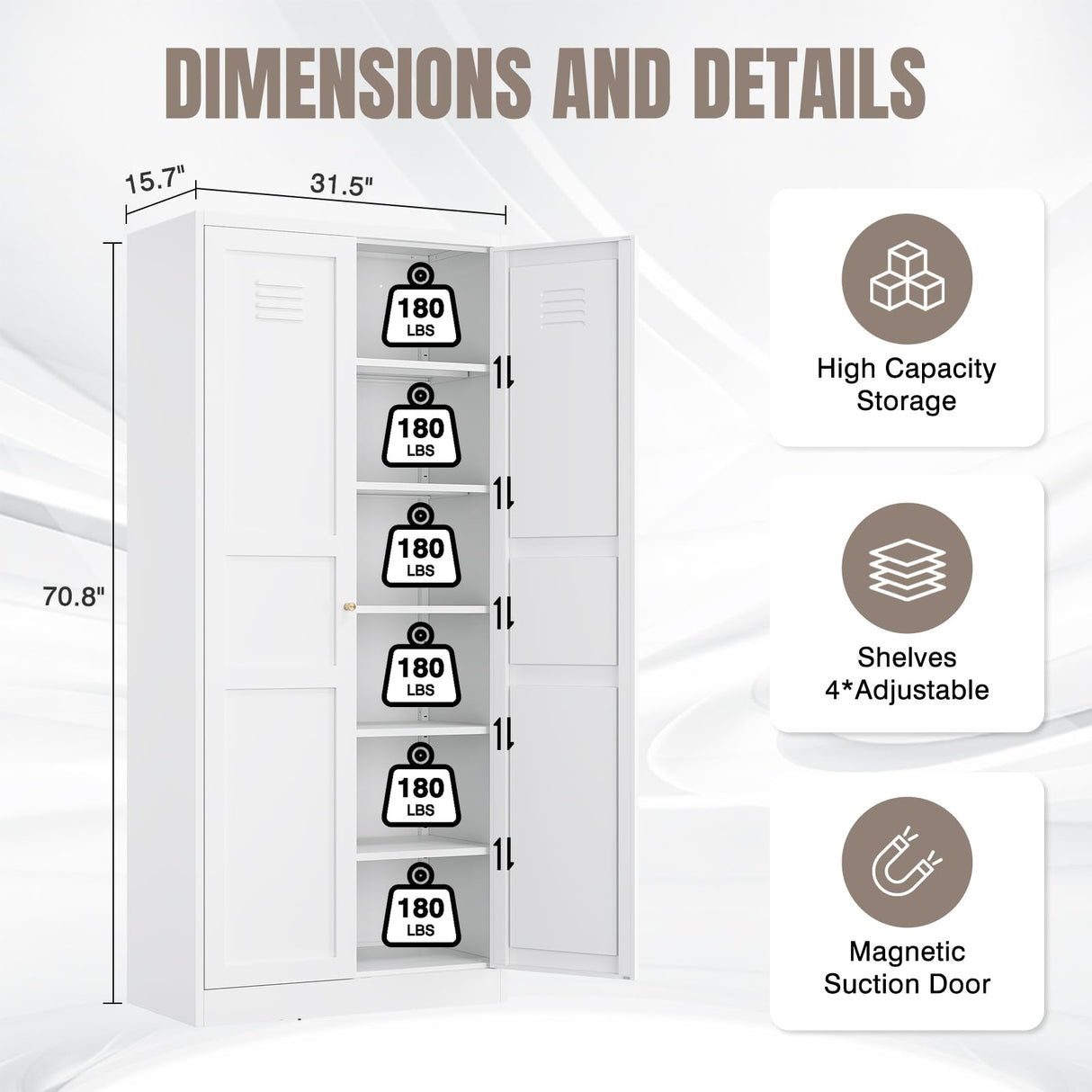 Yizosh Metal Storage Cabinet with 2 Doors and 5 Adjustable Shelves - 71" White Kitchen Pantry Storage Cabinet, 5-Tier Tall Steel Cabinet Locker for Kitchen, Living Room, Dining Room Yizosh