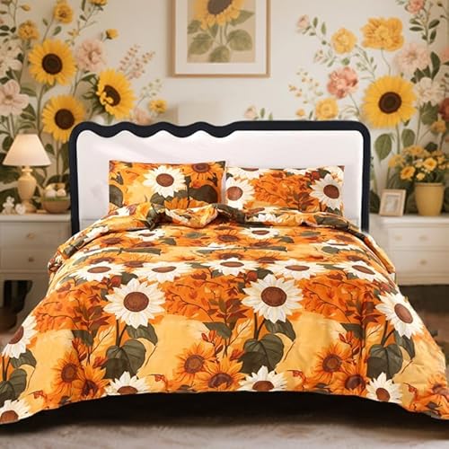 MAG 3Pcs Sunflower Full Comforter Sets,Microfiber Floral Full Size Bedding Sets,Boho Orange Flower Pattern,All Season Included 1 Comforter + 2 Pillowcases for Kids Boys Girls,Breathable and Wrinkle. MAG