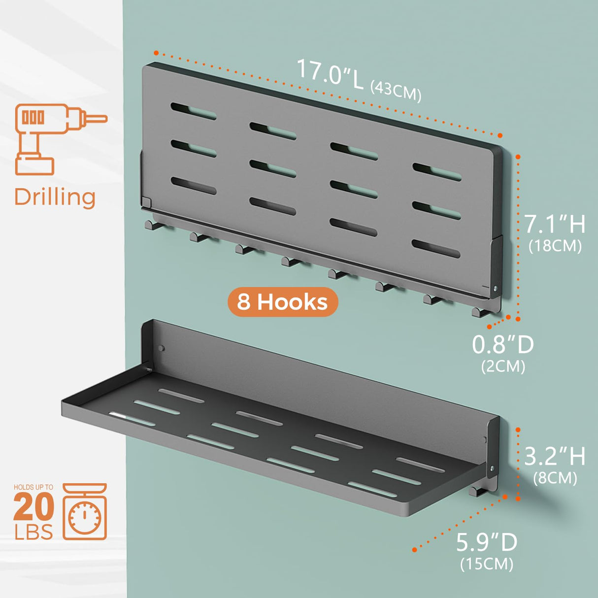 SKIKEN Folding Metal Shelf with Hooks, Wall Mounted Laundry Room Shelf, 8 Hooks & 90° Fold Up, Fold-Down for Rv, Bathroom, Kitchen, Garage, Space Saving, Small Space, Black(17.0", 1 Pack) SKIKEN