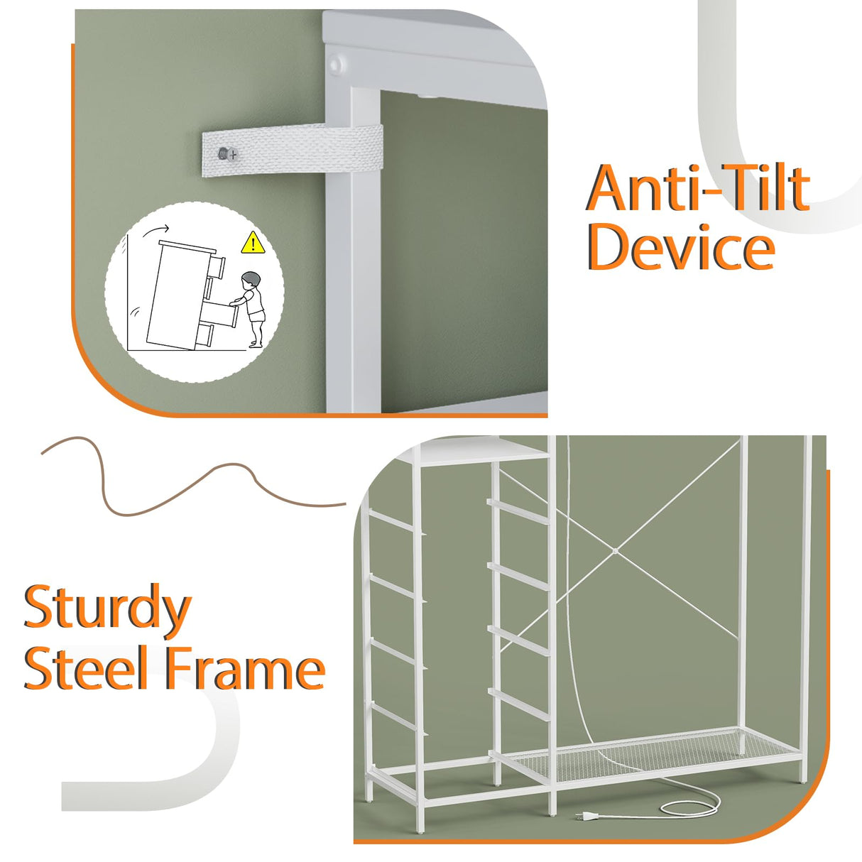 47 Inch White Dresser with LED Lights & Hanging Rack, 5 Drawer Fabric Dresser with Charging Station and Shelves, Tall Closet Organizer for Bedroom Clothes Storage Harpaq