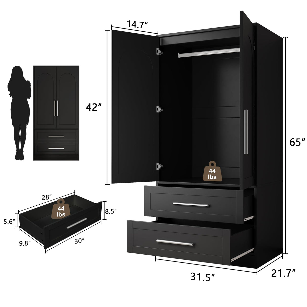 Einhomn Wooden Armoire Wardrobe Closet with 2 Doors and 2 Drawers,Freestanding Armoire Storage Cabinet with Shelves,Tall Clothing Storage Cabinet Suitable for Bedroom,Black Einhomn