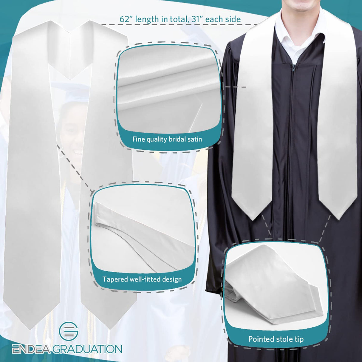 Endea White Graduation Stole - Plain Color, Unisex, 62" Graduation Sash (White) Endea Graduation