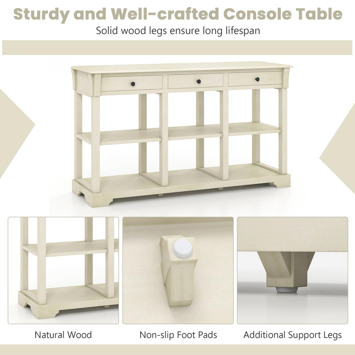 Giantex Console Table with Storage, 58” Long Sofa Table with 3 Drawers & Open Shelves, Solid Wood Legs, Narrow Entryway Table, Vintage Behind Couch Table for Living Room Hallway, Entry Table, Beige Giantex