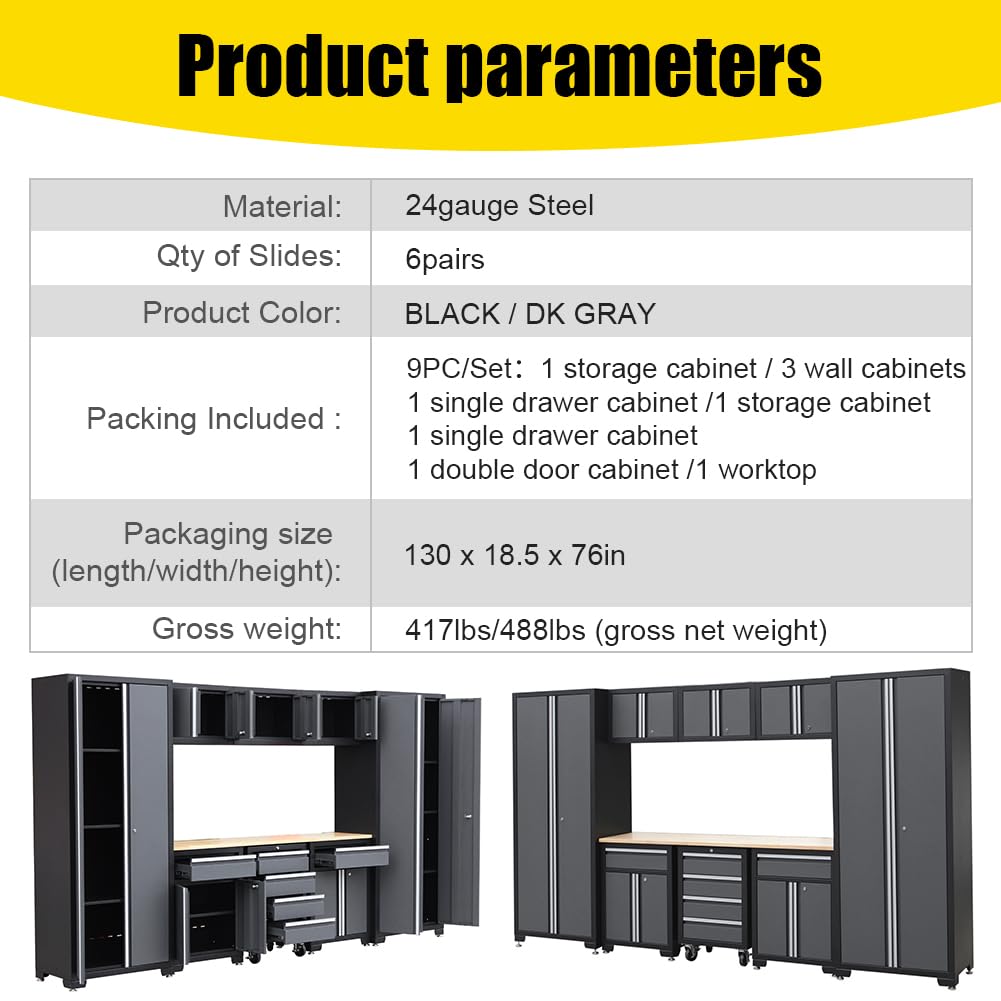 HPDMC 9-Piece Steel Garage Storage Cabinet System with Wooden Work Top, 130 in. L x 18 in. D x 76 in. H Assembled Workshop Chest Cabinet Set in Charcoal Gray HPDMC