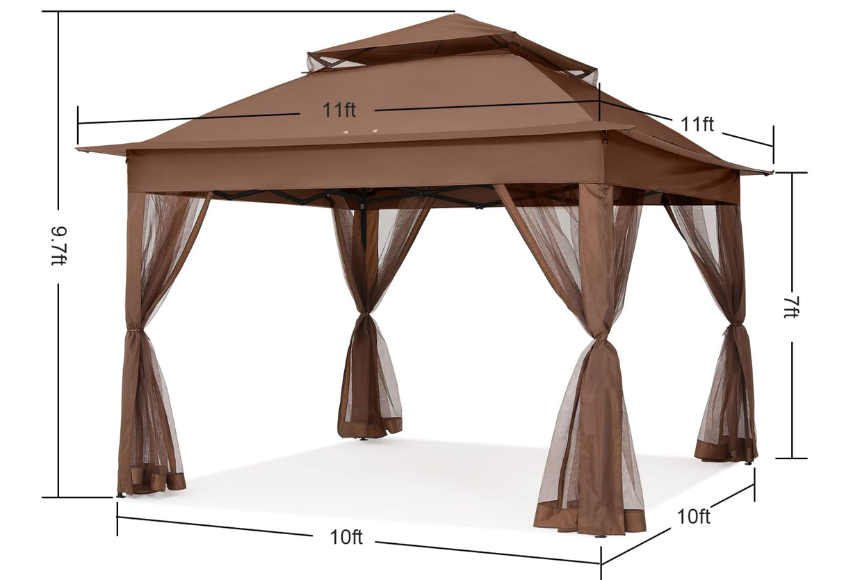 COOSHADE 11x11Ft Easy Pop Up Gazebo Tent Instant Outdoor Canopy Shelter with Mosquito Netting Walls(Brown) COOSHADE