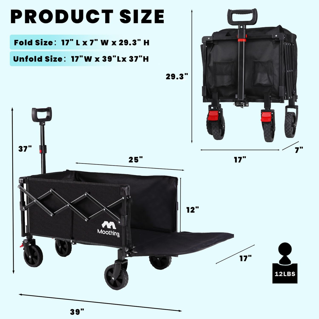 Moothing Wagons Carts Foldable, Collapsible Wagon with Wheels, Heavy Duty Grocery Cart, Utility Wagon with Tailgate, 150L Large Capacity with Brakes for Gardening, Camping, Shopping, Black D Moothing