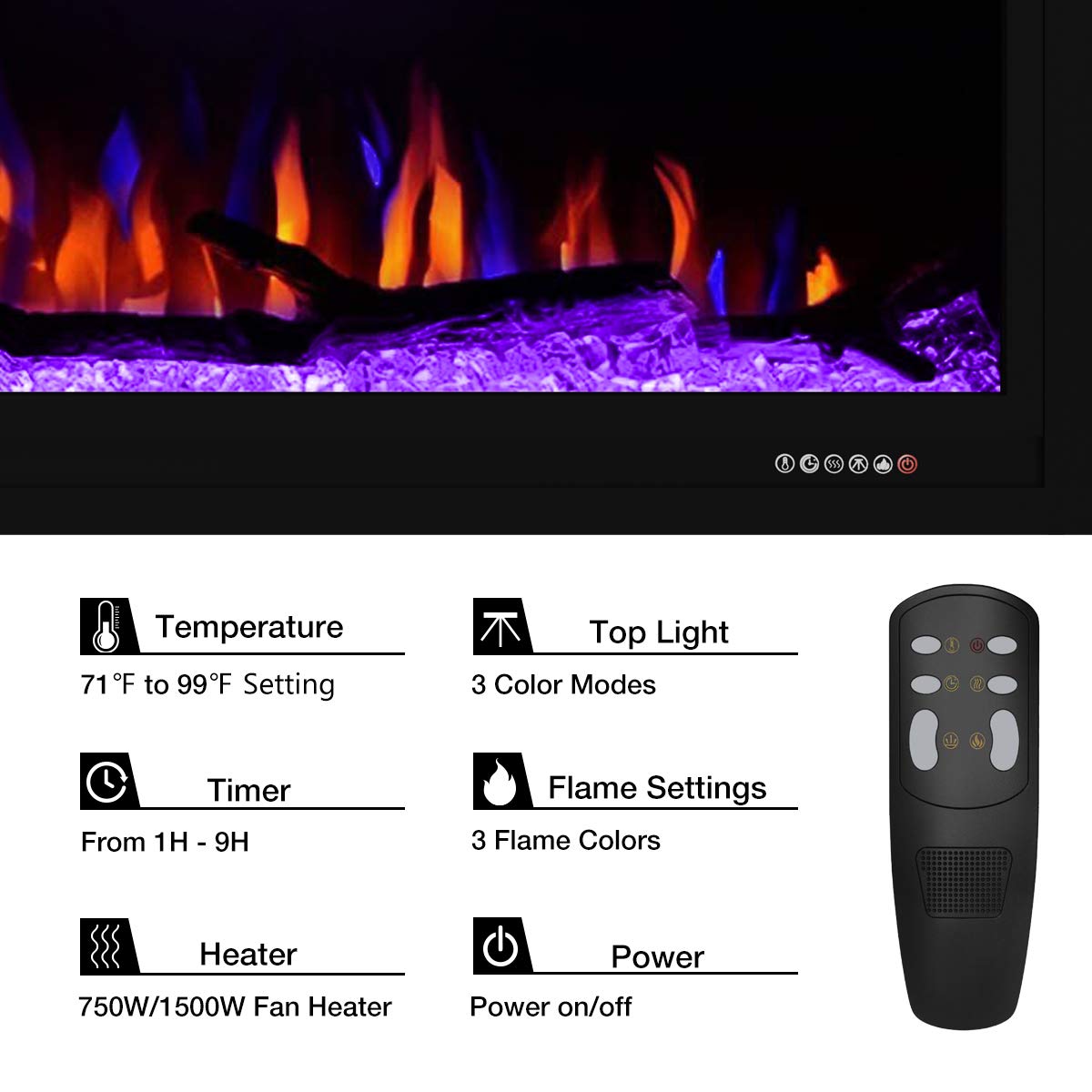 Valuxhome Electric Fireplace, 60 Inches Fireplace, Recessed and Wall Mounted Fireplaces for Living Room with Remote, Overheating Protection, Logset and Crystal, Touch Screen, 1500W/750W, Black Valuxhome