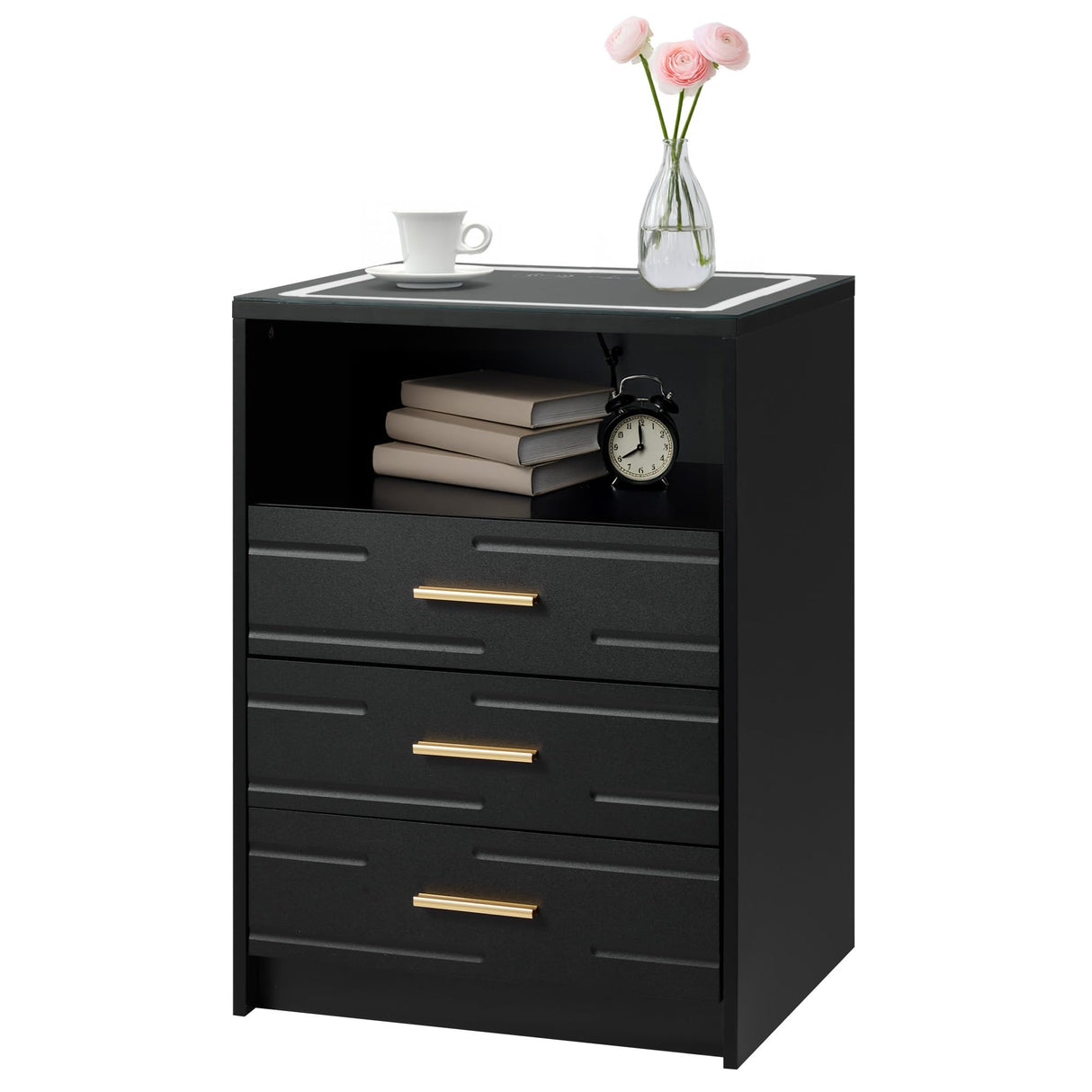 EROMMY LED Nightstand with Wireless Charging Station, Smart Night Stand with Color Adjustable Brightness Lights, Touch Screen Bedside Table with Glass Top, Drawers, Side Table for Bedroom EROMMY