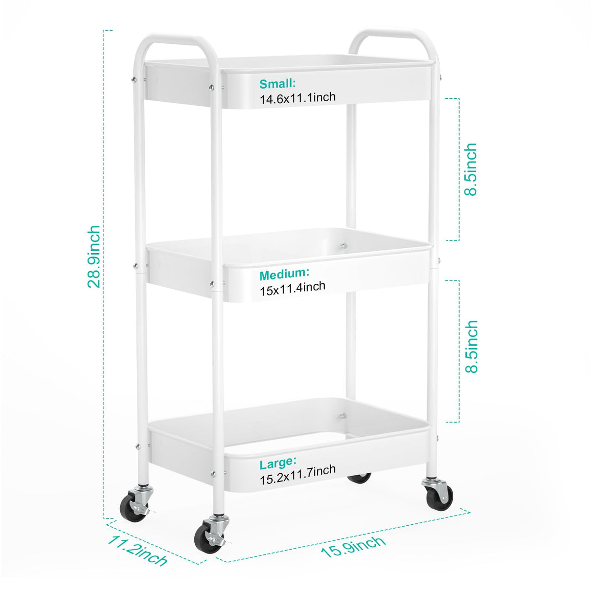 PNVXNUS 3 Tier Rolling Metal Storage Carts with Wheels,Multi Functional Organizer Cart for Office, Bathroom, Kitchen, Book, Diaper. Easy Assembly. (White) PNVXNUS