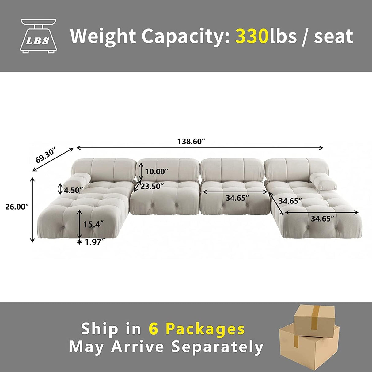 JACH 138" Modular Sectional Couch, U-Shaped Minimalist Velvet Sofas with Chaise Ottomans, Convertible Modern Deep 6-Seat Sofas Furniture for Living Room, Apartment (Beige) JACH